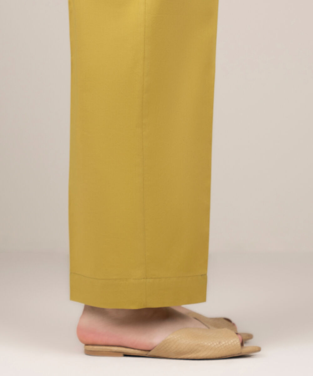 Women's RTW Cotton Solid Yellow Straight Pants