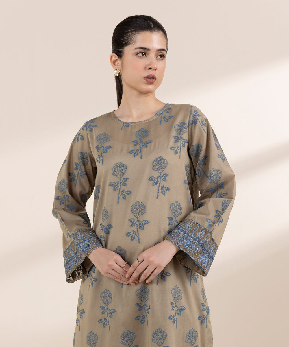 Women's RTW Extra Weft Jacquard Beige Solid A-Line Shirt