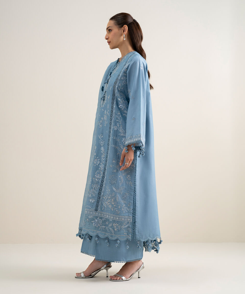 Women's Unstitched Lawn Embroidered Sky Blue 3 Piece Suit