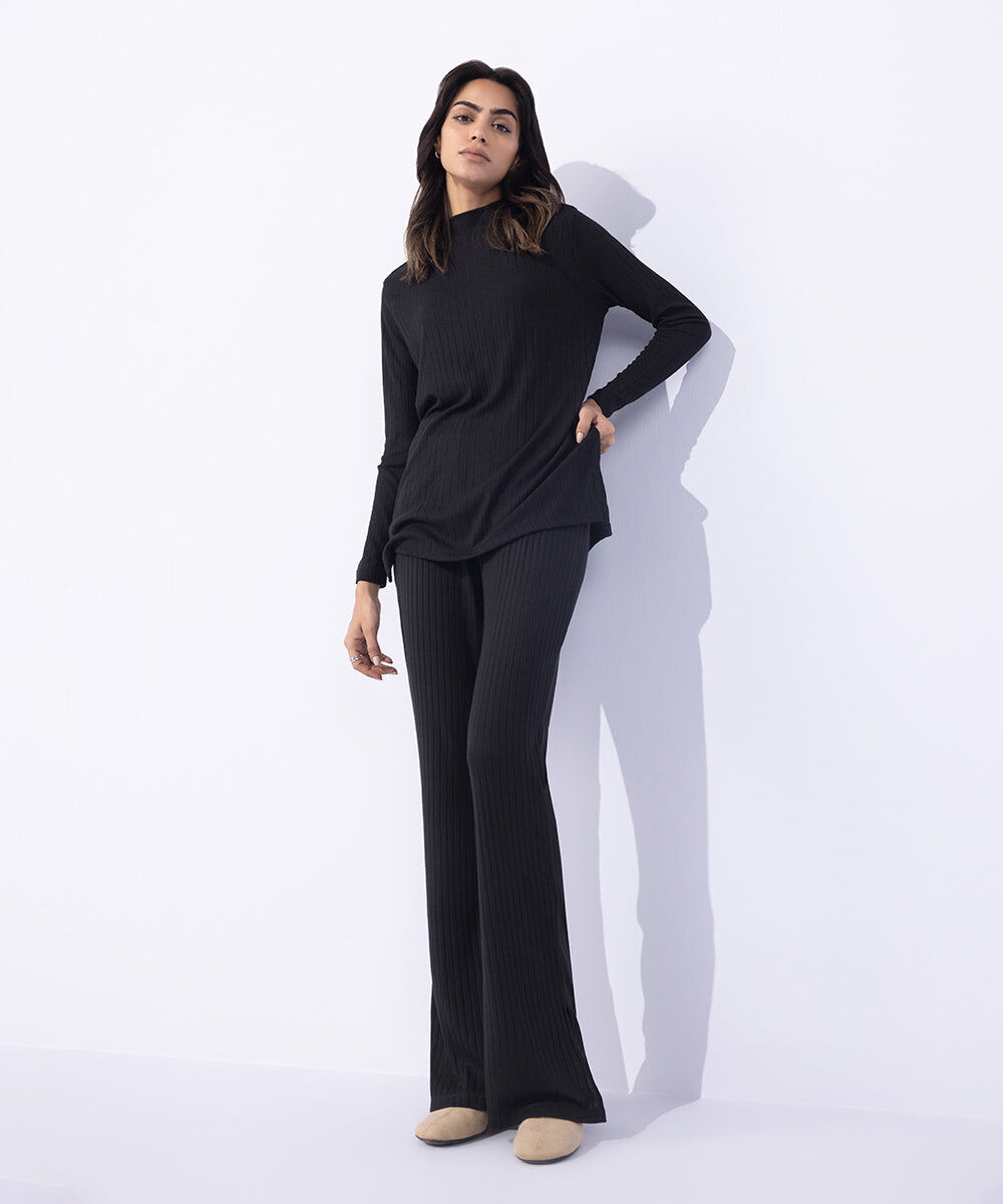 Woman - Black Ribbed Flared Trousers