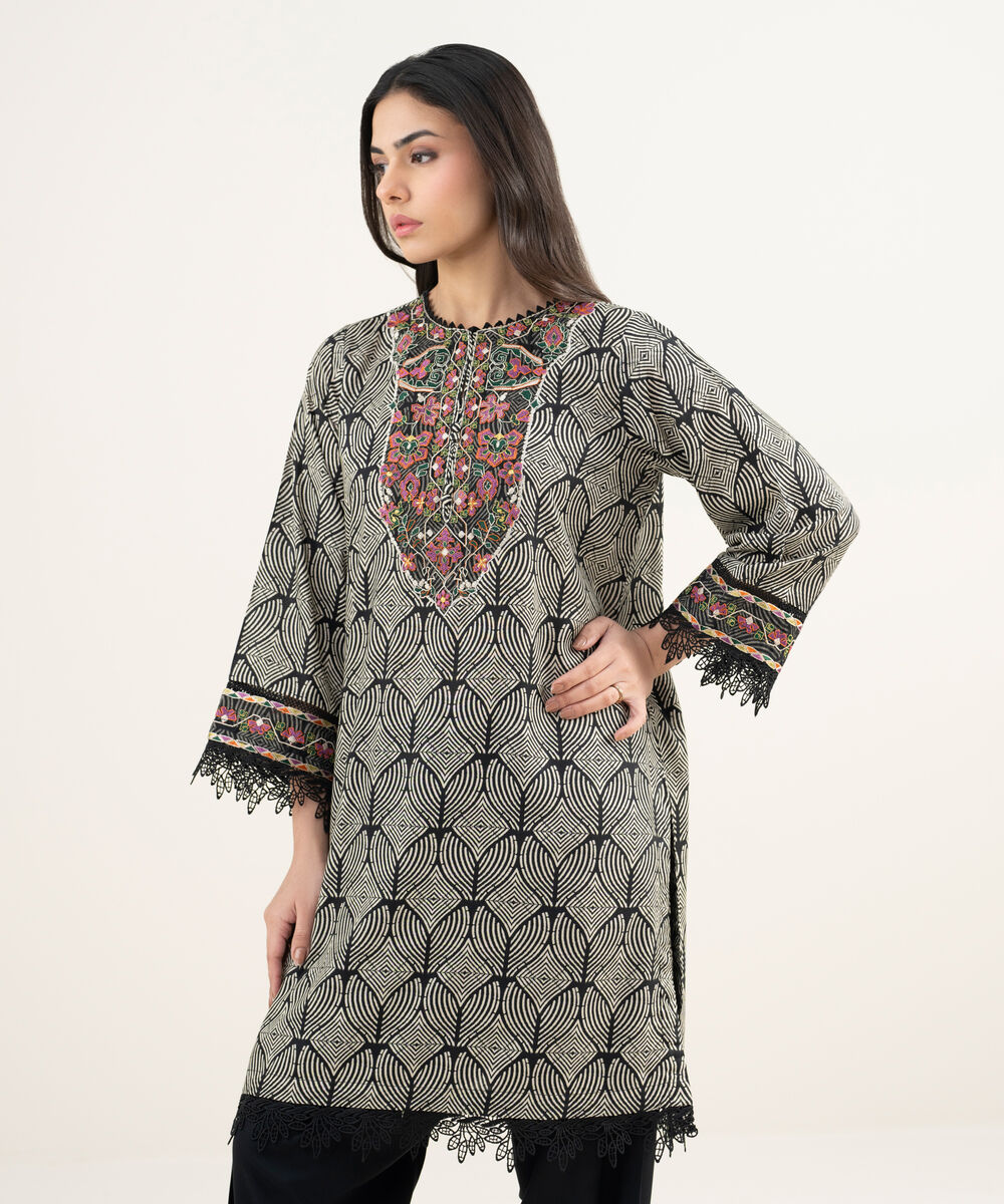 Women's RTW Arabic Cambric Embroidered Black Straight Shirt