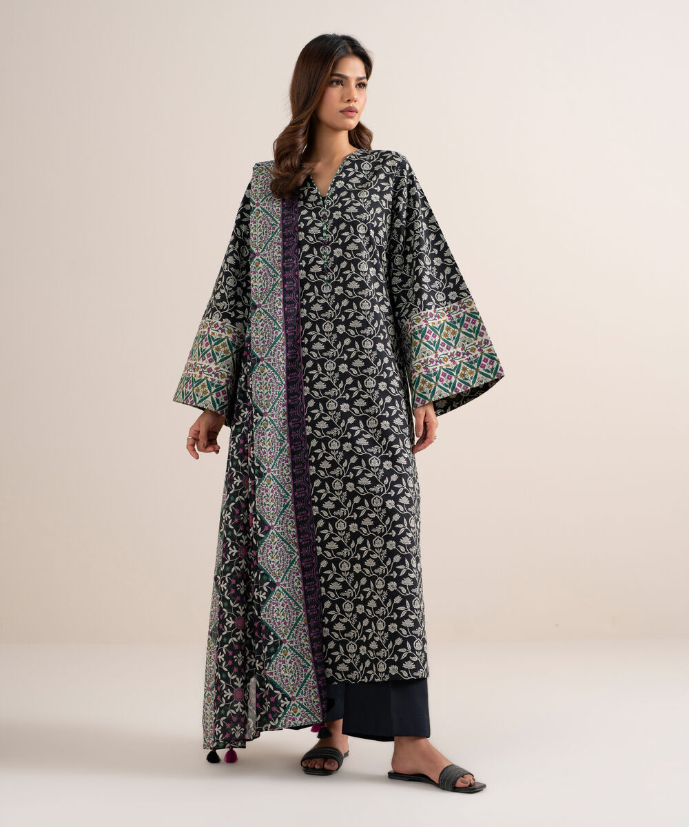 Women's Unstitched Lawn Printed Black 3 Piece Suit