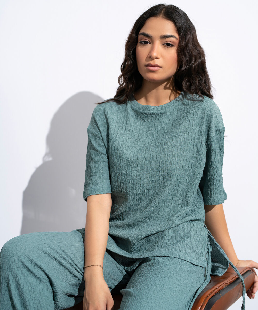 Women's Teal Green Loose Fit Textured T-Shirt