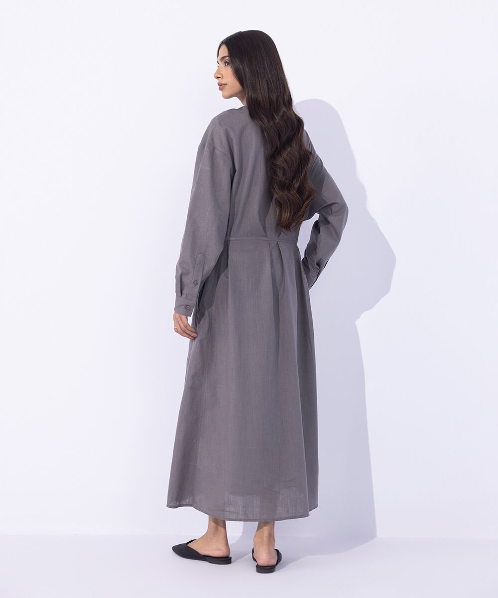 Women's Western Wear Grey Button- Through Linen Blend Dress