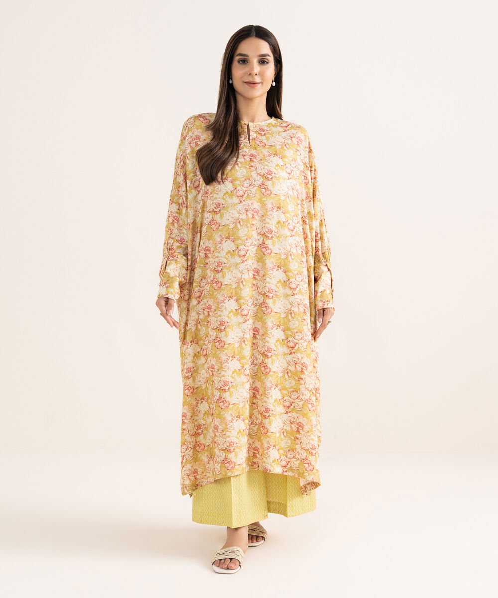 Women's RTW Arabic Lawn Yellow Printed Drop Shoulder Shirt