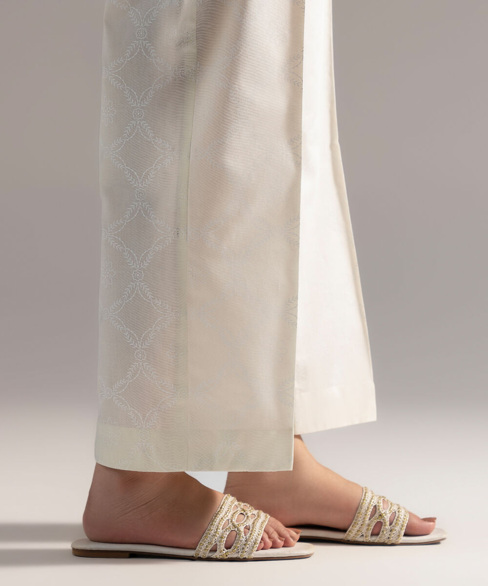 Women's RTW Cambric Printed Off White Straight Pants