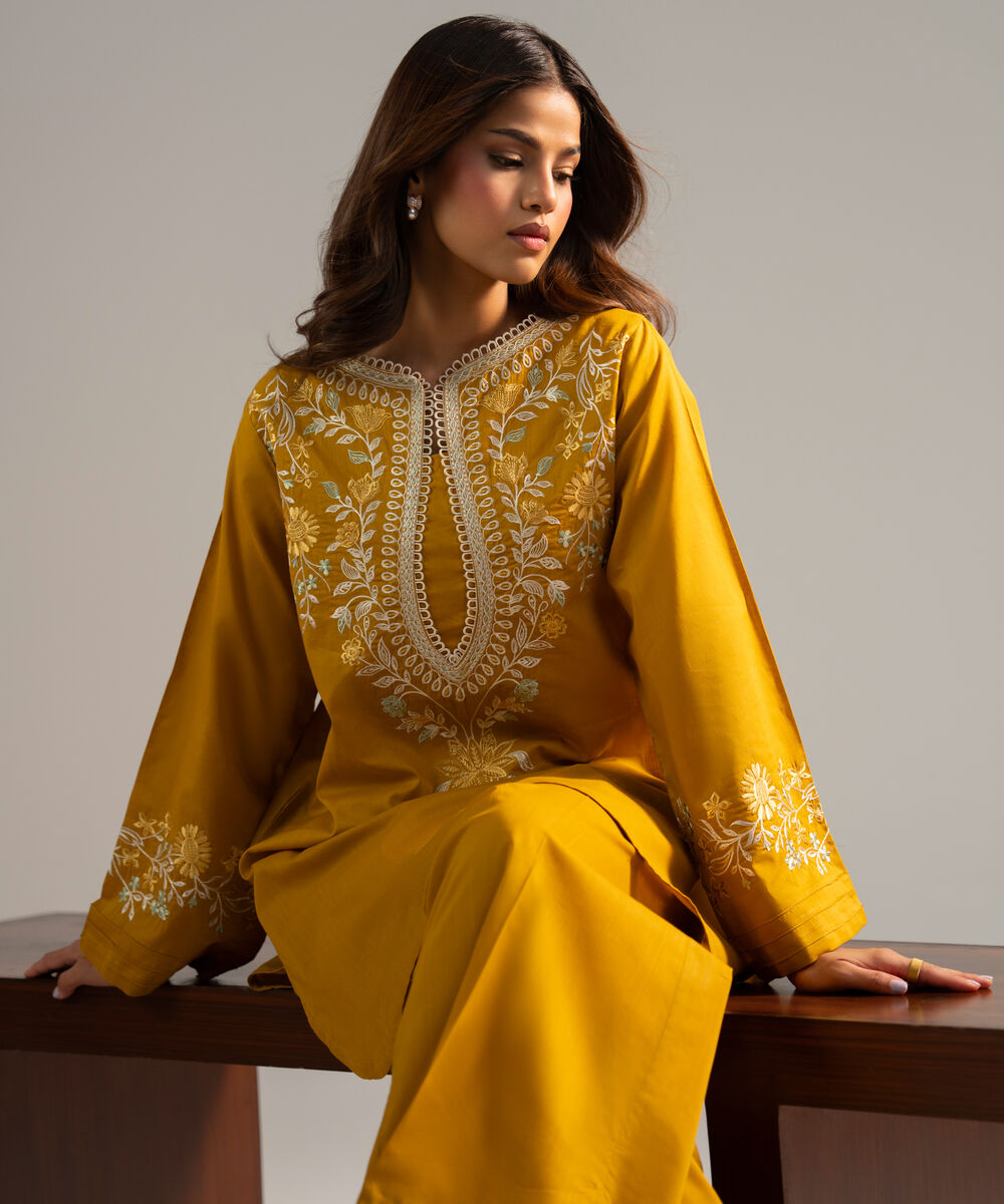 Women's RTW Crosshatch Embroidered Mustard Yellow Straight Shirt