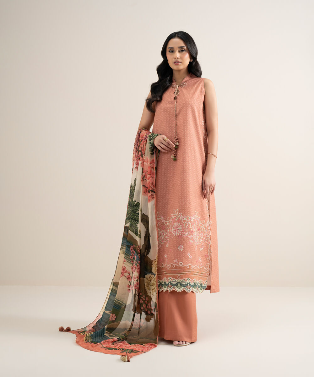 Women's Unstitched Dobby Embroidered Peach 3 Piece Suit