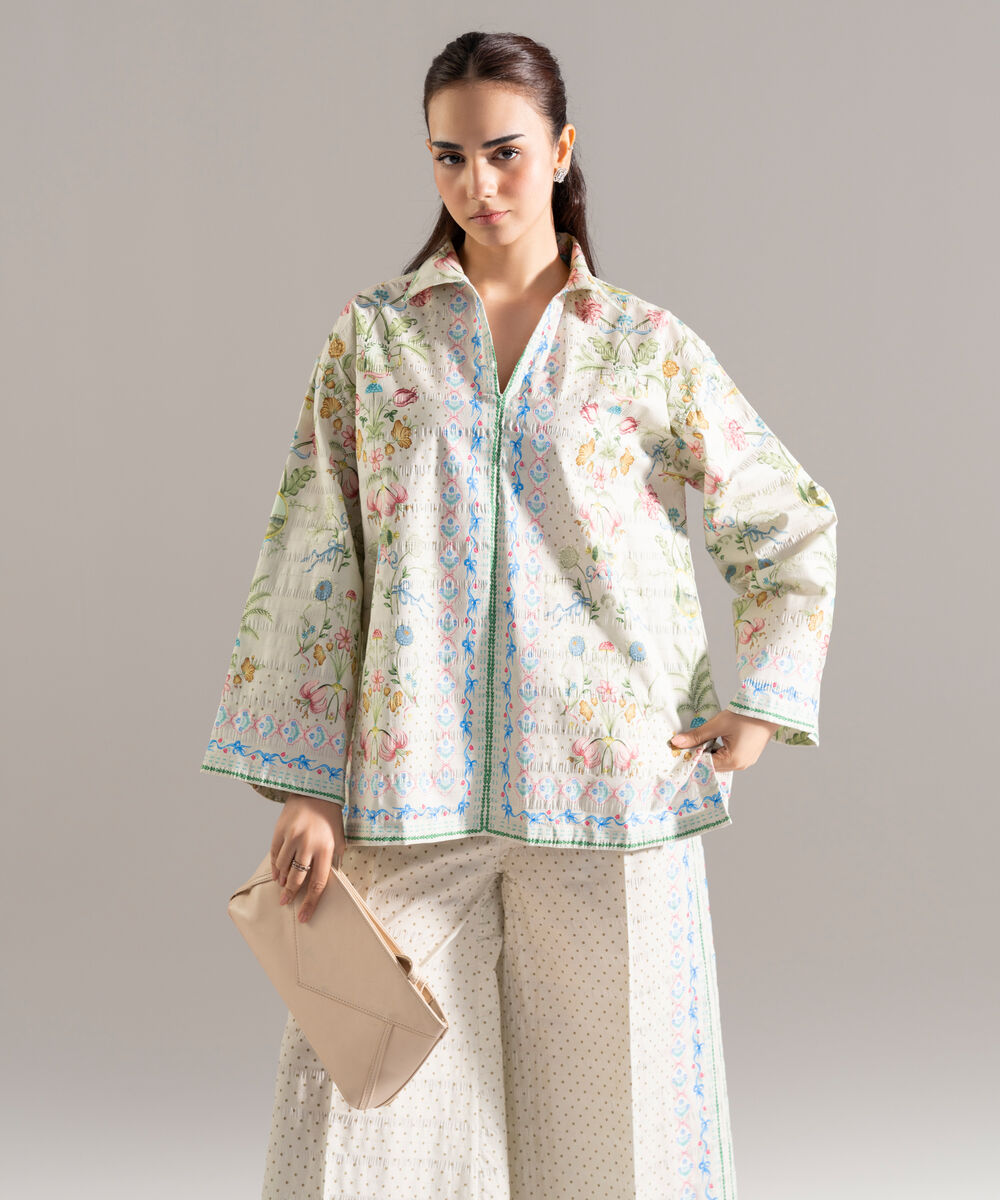Women's RTW Seersucker Printed Beige Drop Shoulder Shirt