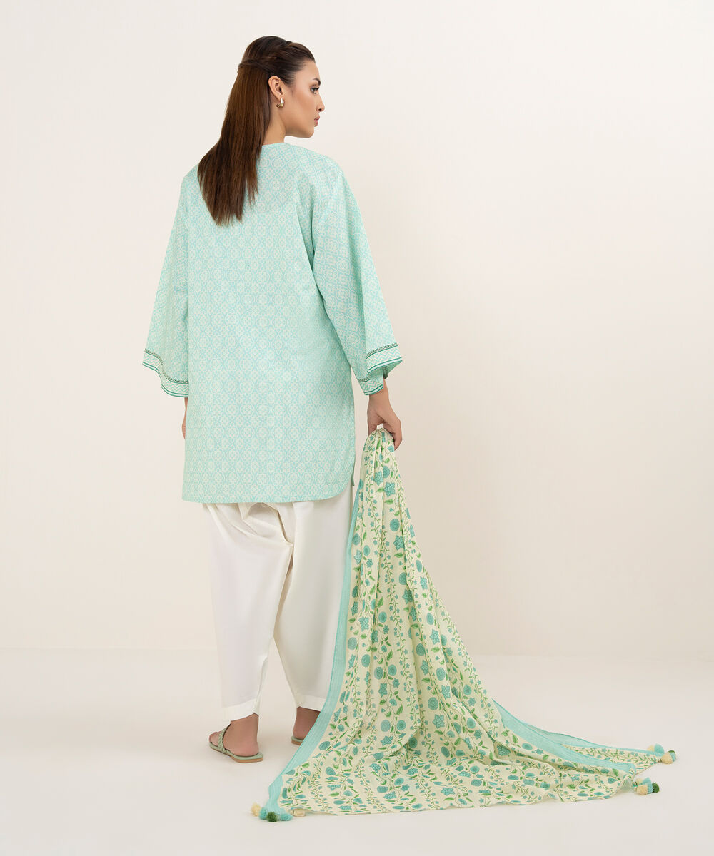 Women's Unstitched Cotton Printed Aqua 2 Piece Suit