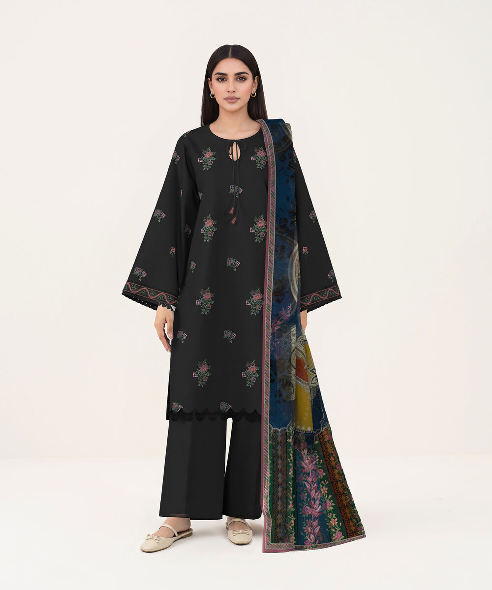 Women's Unstitched Lawn Black Embroidered 3 Piece Suit