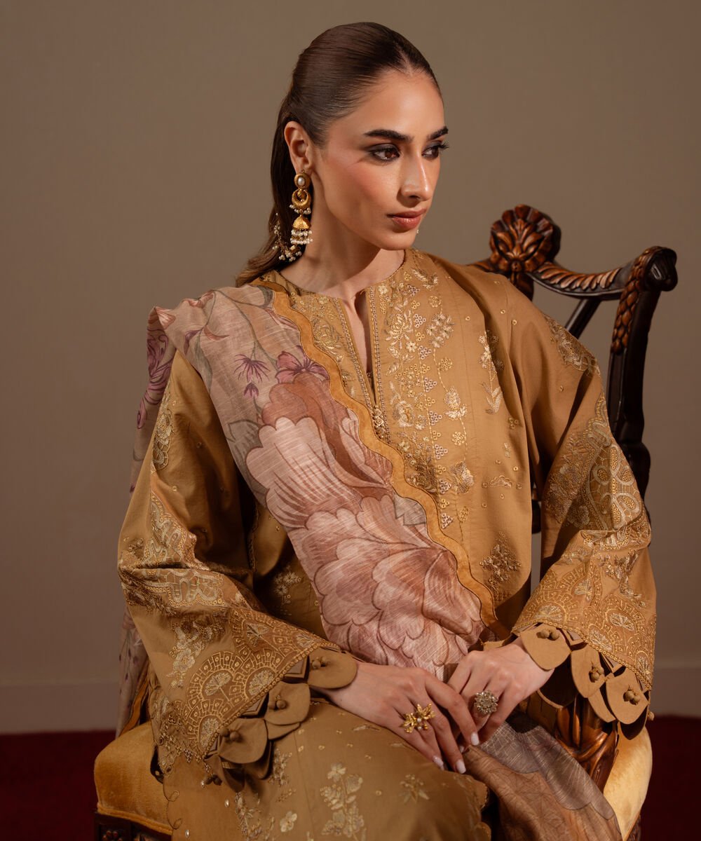 Women's Unstitched Textured Lawn Brown Embroidered 3 Piece Suit