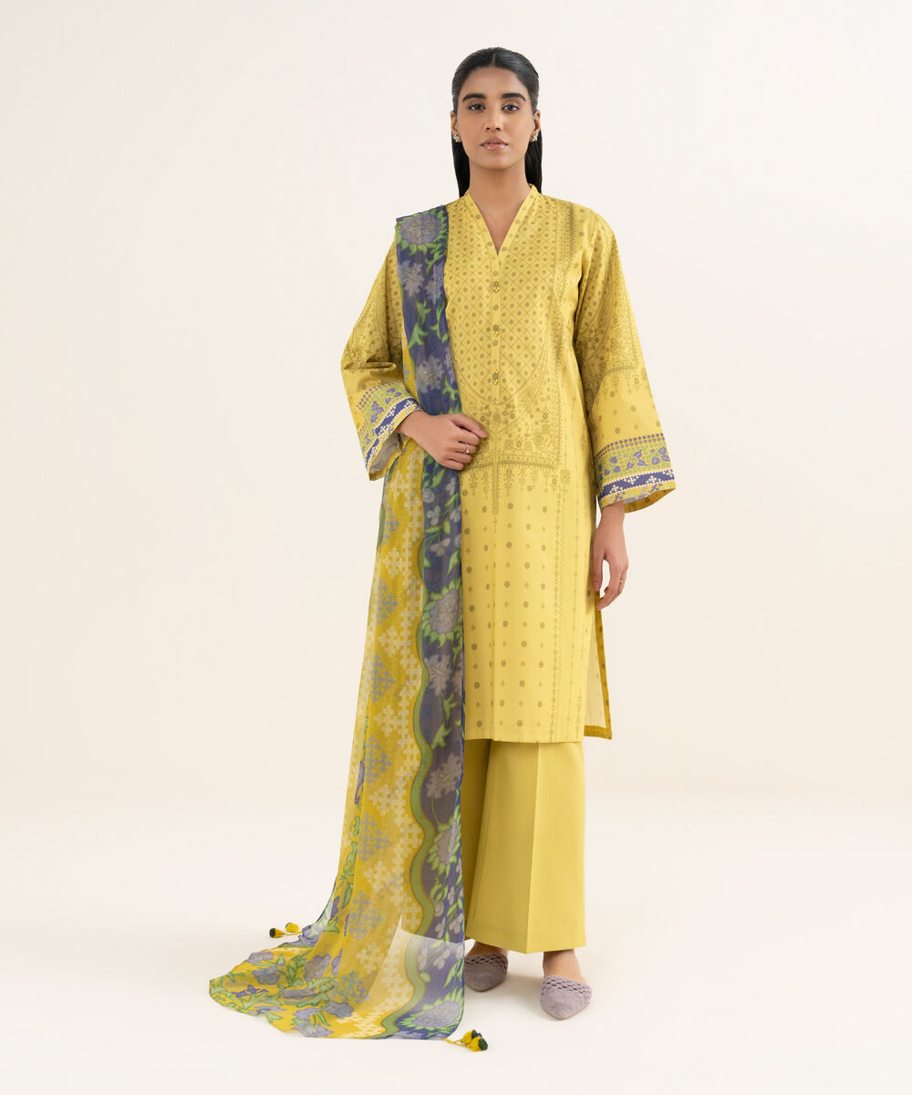 Women's Unstitched Lawn Printed Yellow 3 Piece Suit