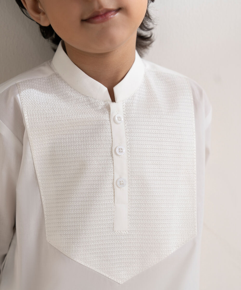 Boys Stitched 100% Cotton Off White Kurta