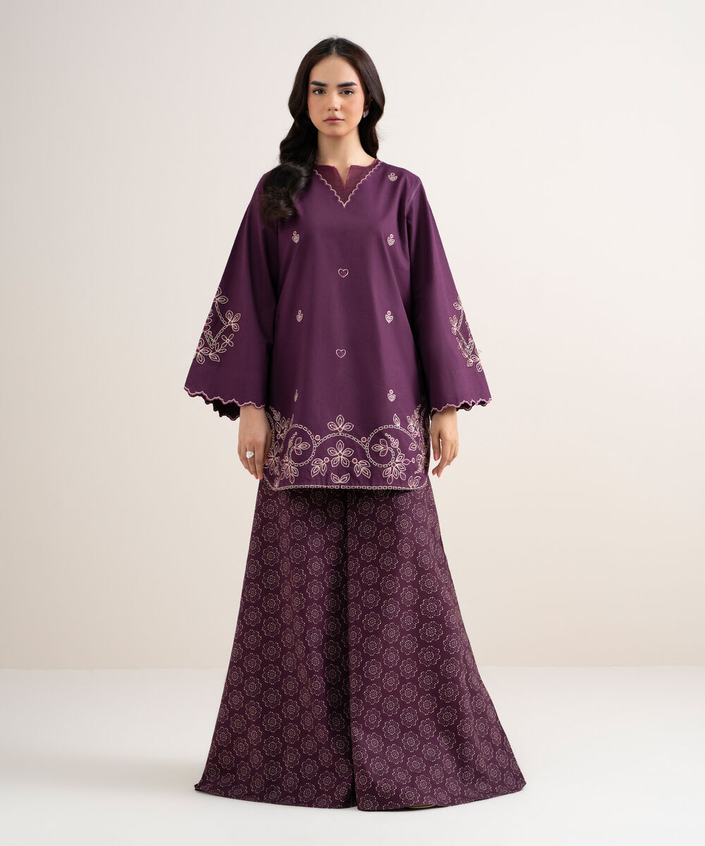 Women's Unstitched Cotton Embroidered Purple 2 Piece Suit