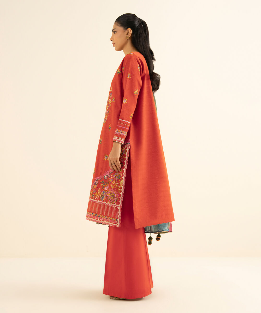 Women's Unstitched Dobby Embroidered Orange 3 Piece Suit