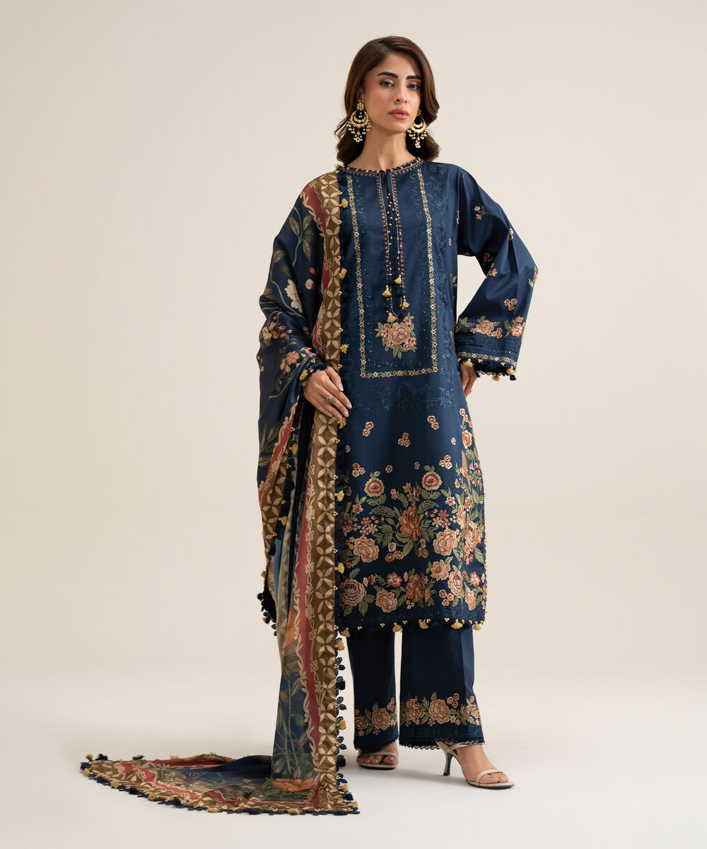 Women's Unstitched Cotton Embroidered Multi 3 Piece Suit