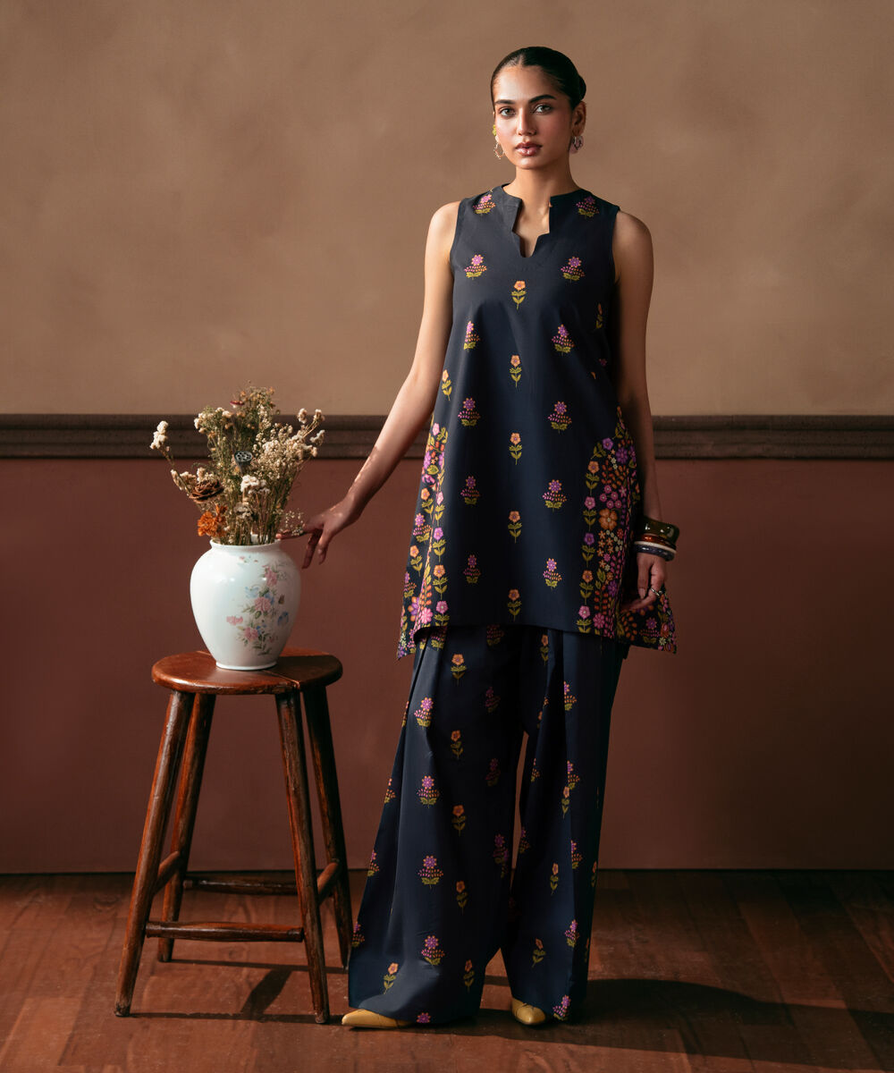 Women's Unstitched Cotton Printed Navy Blue 2 Piece Suit