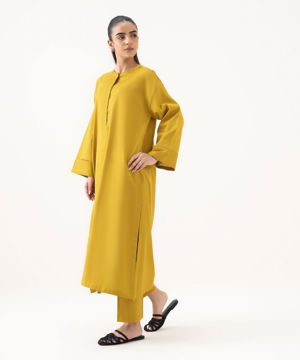 Women's RTW Cotton Linen Yellow Solid Drop Shoulder Shirt