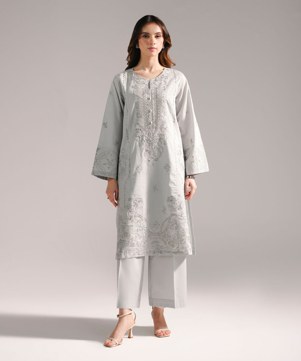 Women's RTW Slub Lawn Embroidered Straight Grey Shirt
