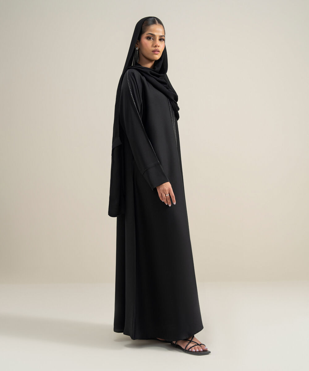 Women's Polyester Black Embellished Raglan Abbaya Set