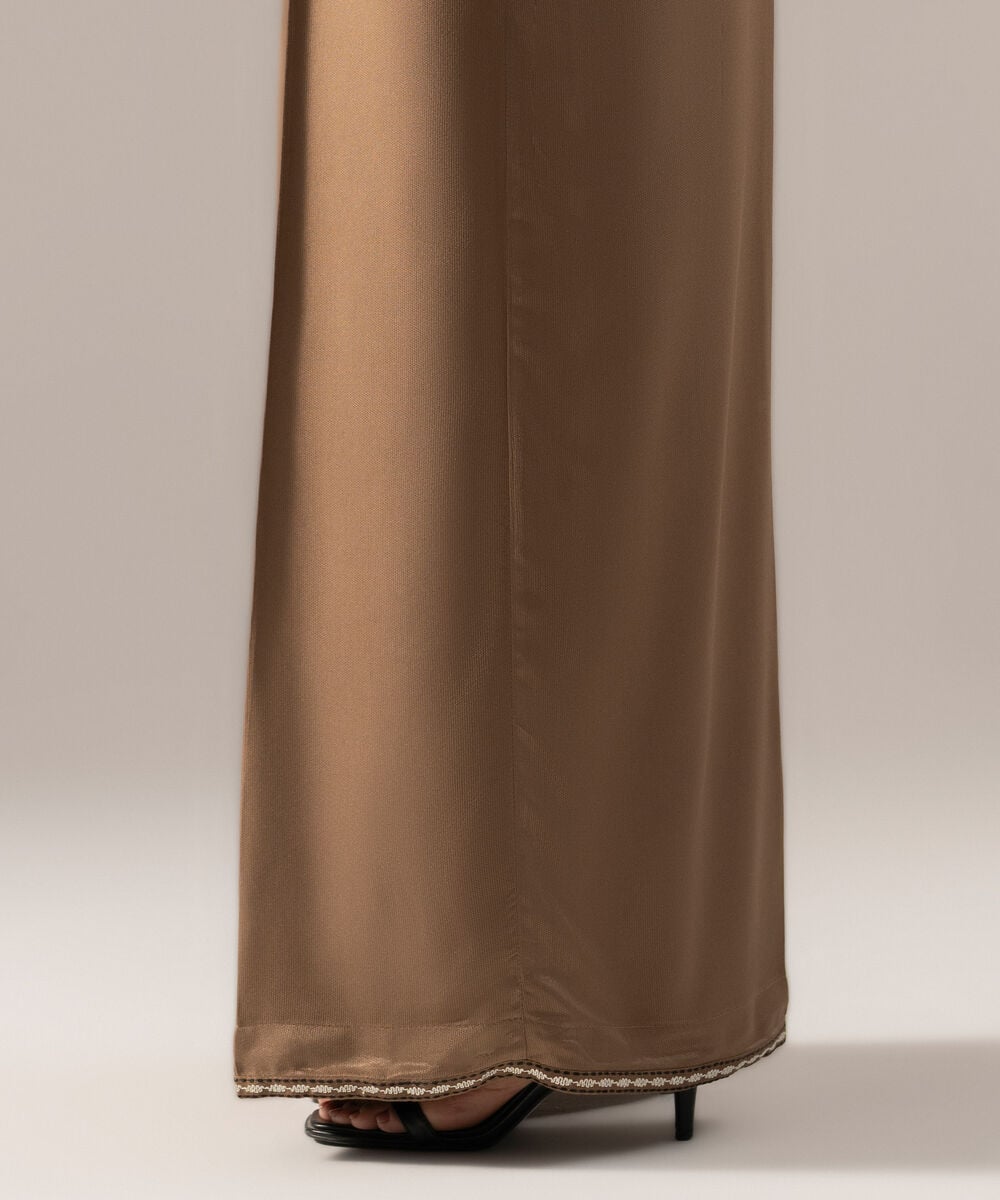 Women's RTW Solid Embroidered Dark Beige Bedford Flared Pants