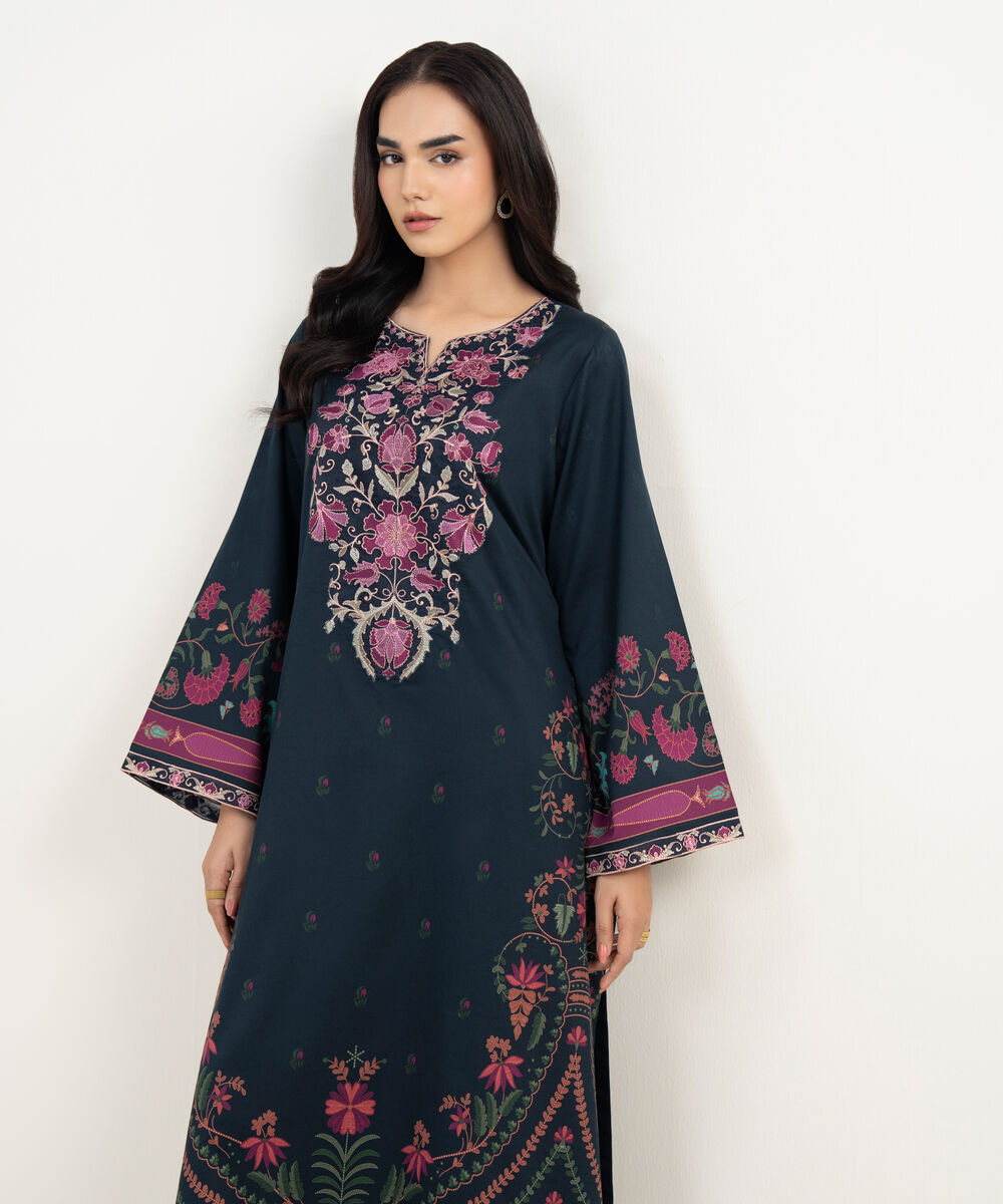 Women's RTW Cotton Satin Embroidered Black A-Line Shirt