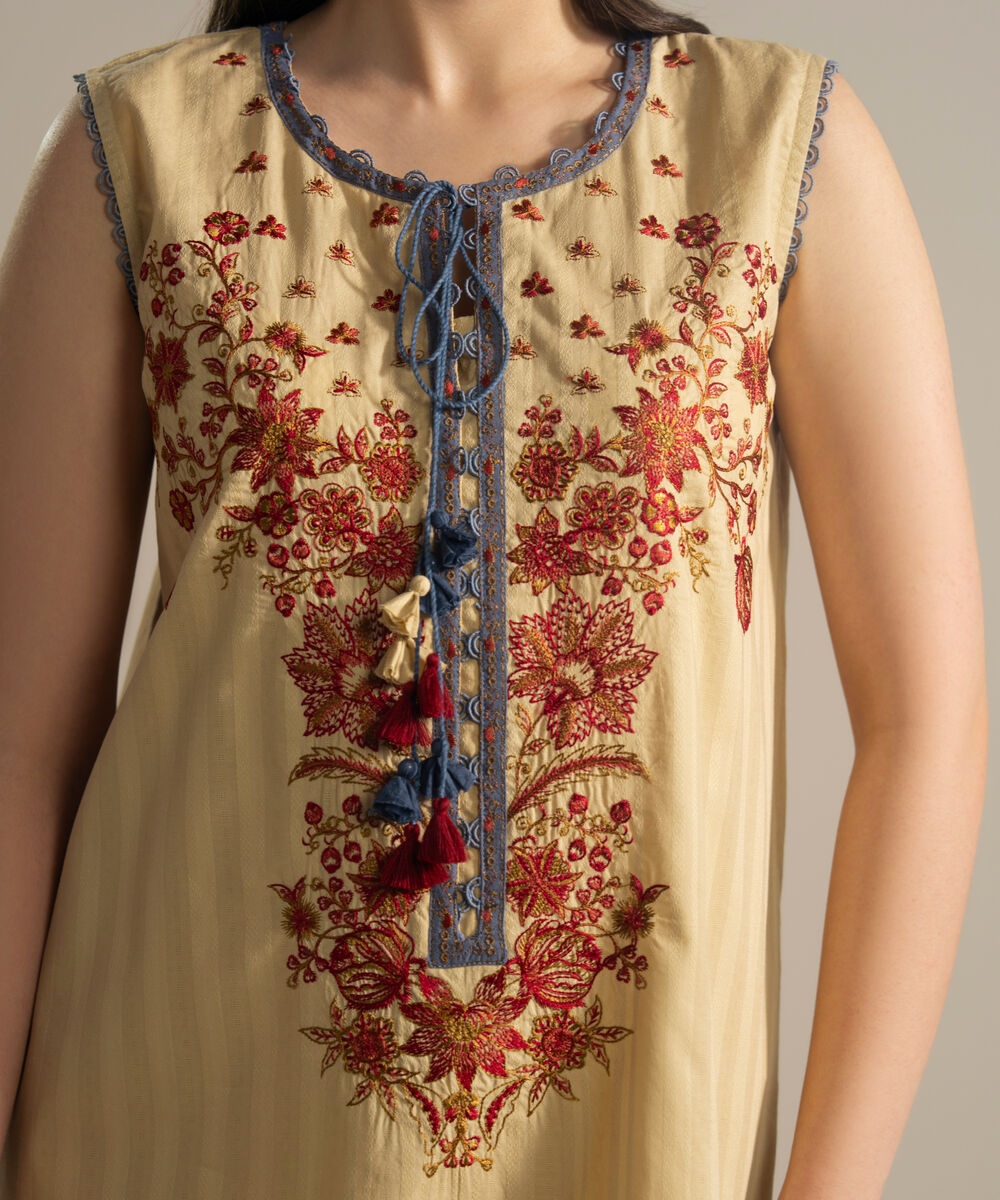 Women's RTW Leno Kara Embroidered Beige Straight Shirt