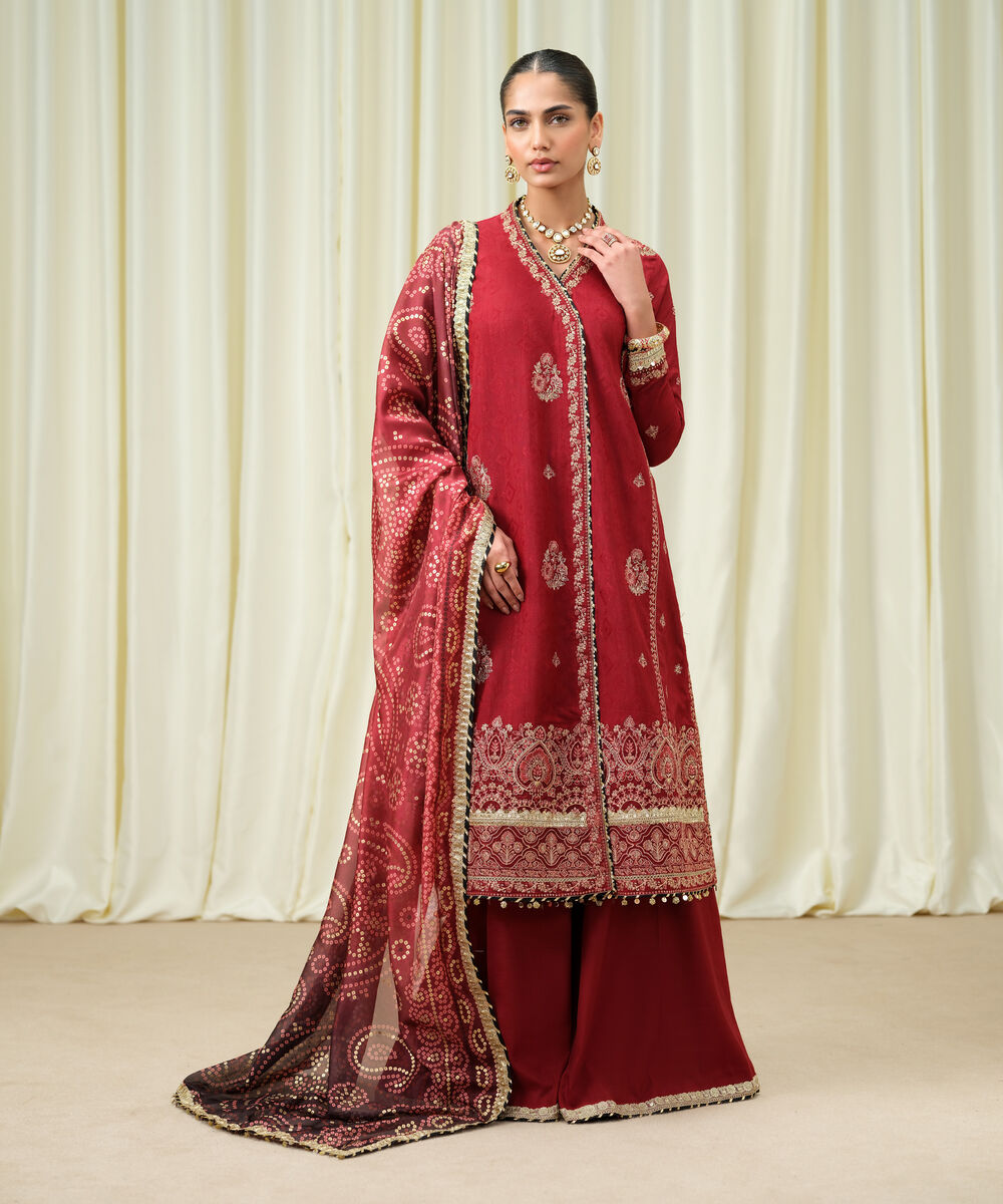 Women's Unstitched Embroidered Viscose Jacquard Red 3 Piece Suit