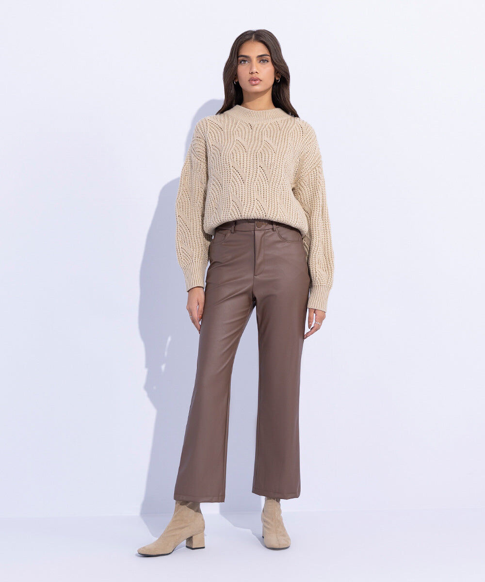 Woman - Brown Straight Fit Faux Leather Trousers