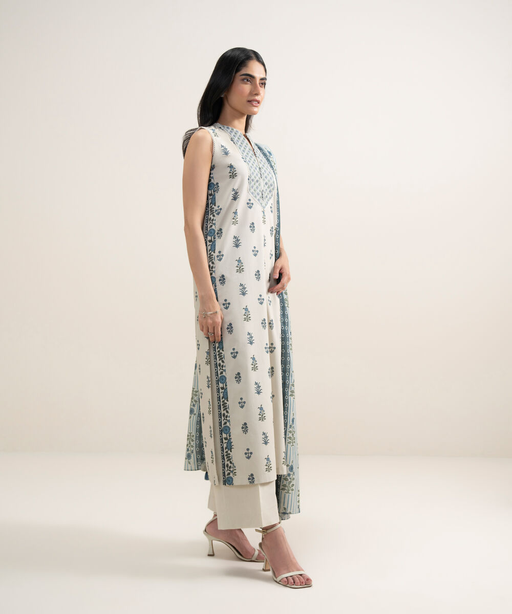 Women's Unstitched Lawn Embroidered Off White and Blue 3 Piece Suit