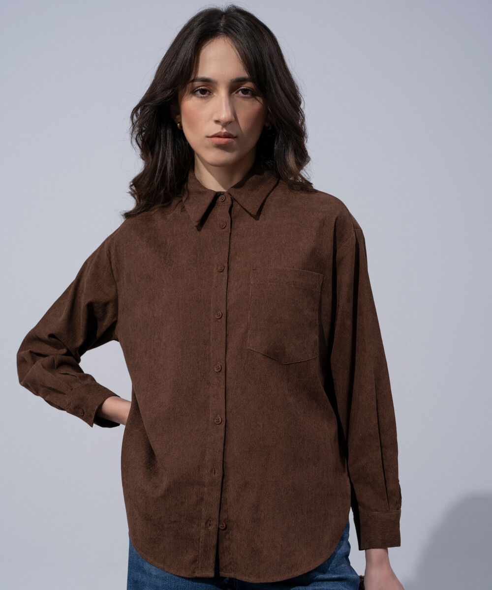 Women's Western Wear Brown Polyester Button Through Corduroy Shirt