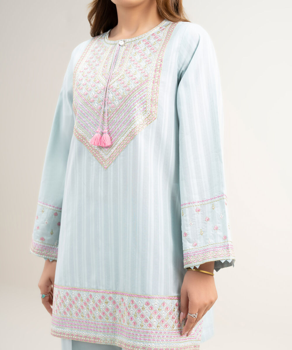 Women's RTW Dobby Embroidered Ice Blue 2 Piece Suit