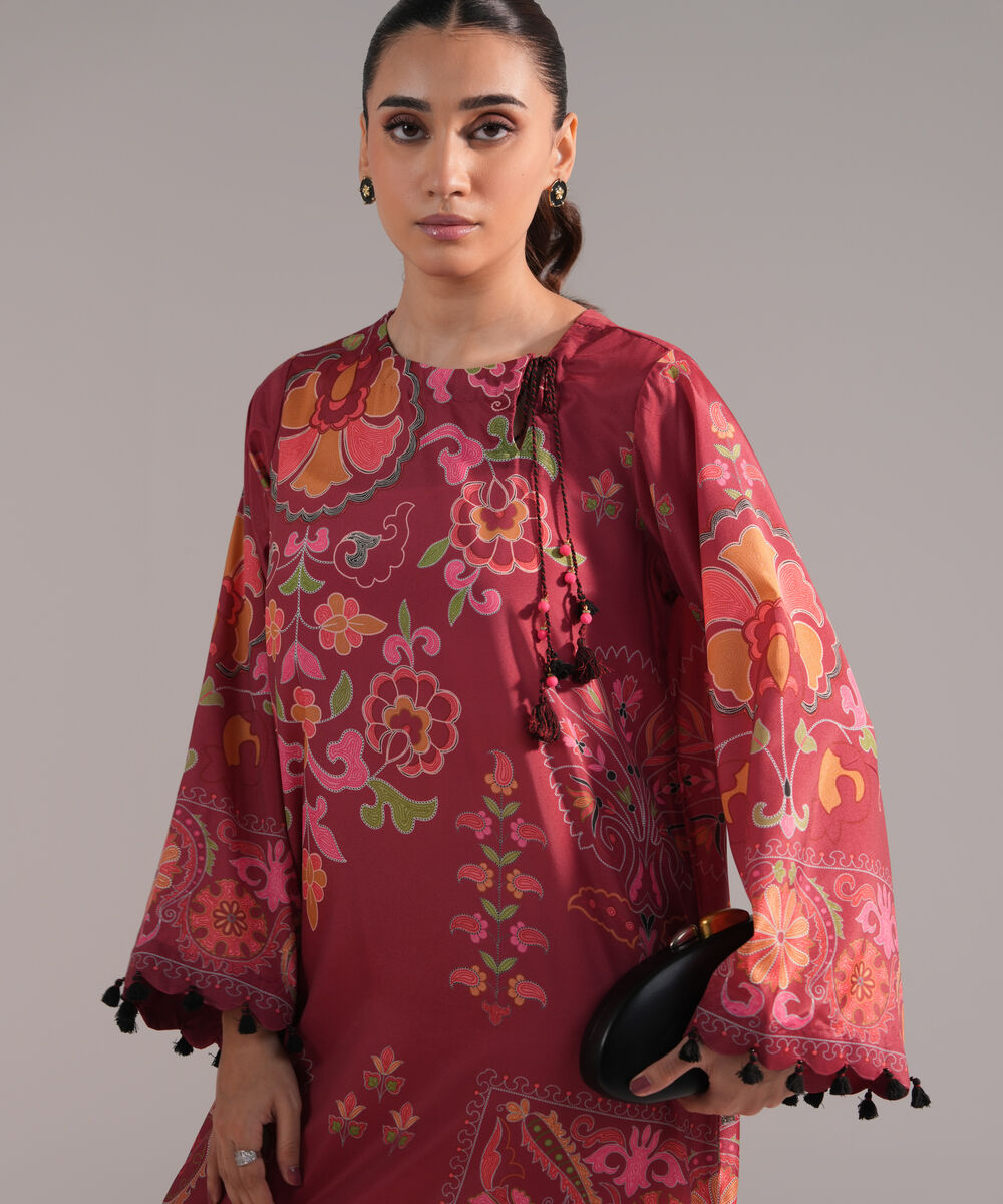 Women's RTW Blended Grip Silk Printed Red A-Line Shirt