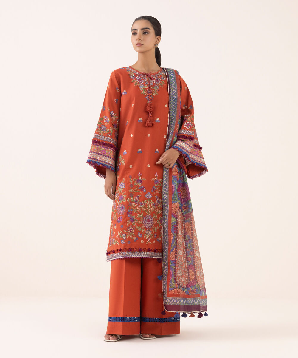 Women's Unstitched Light Cotton Satin Dyed Three Piece Suit