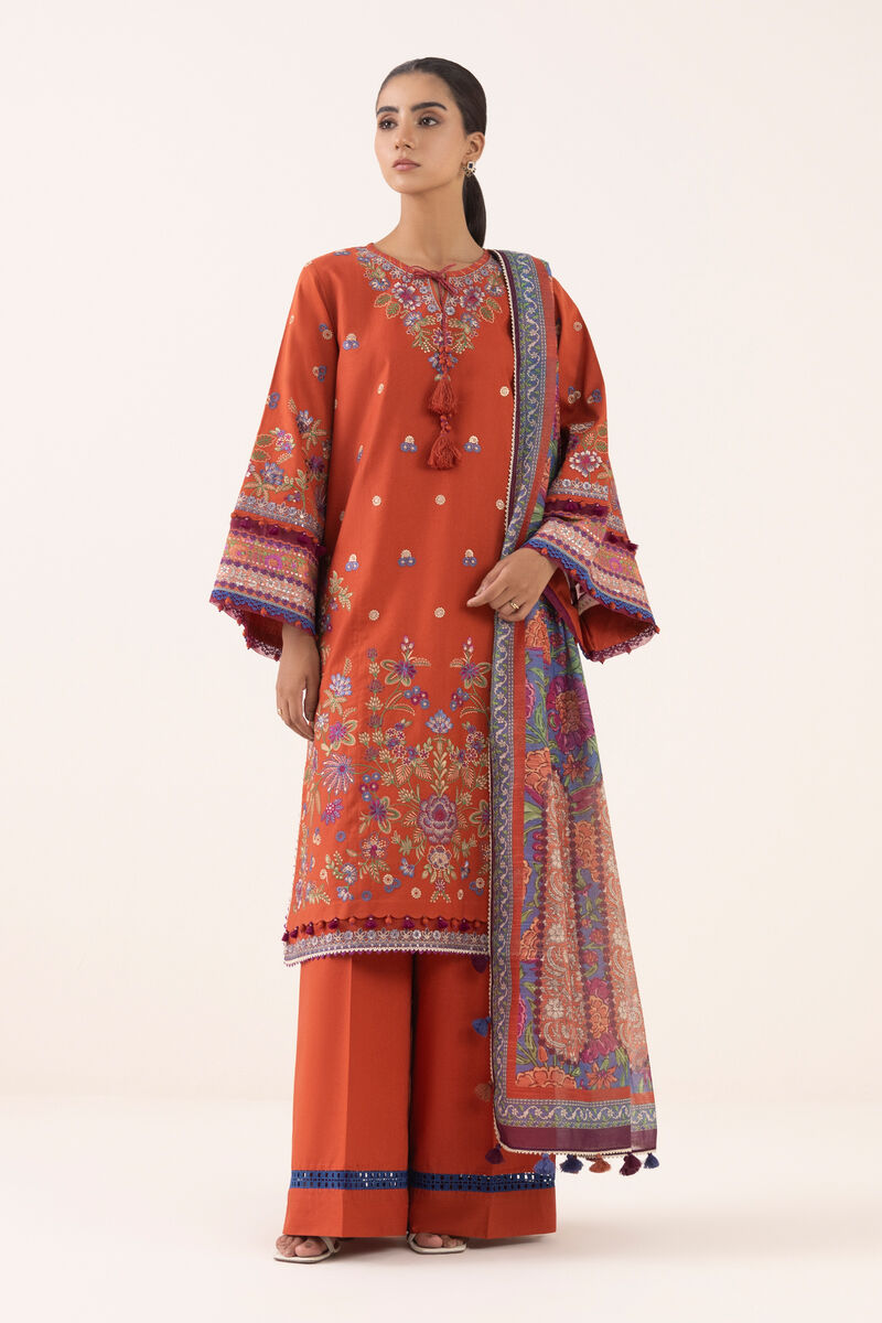 3 Piece - Embroidered Cotton Satin Suit