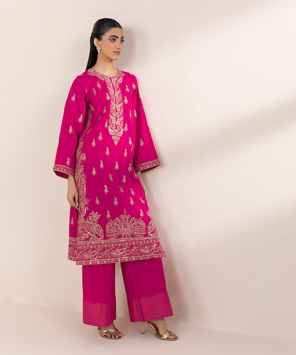 Women's RTW Cotton Jacquard Pink Embroidered A-Line Shirt