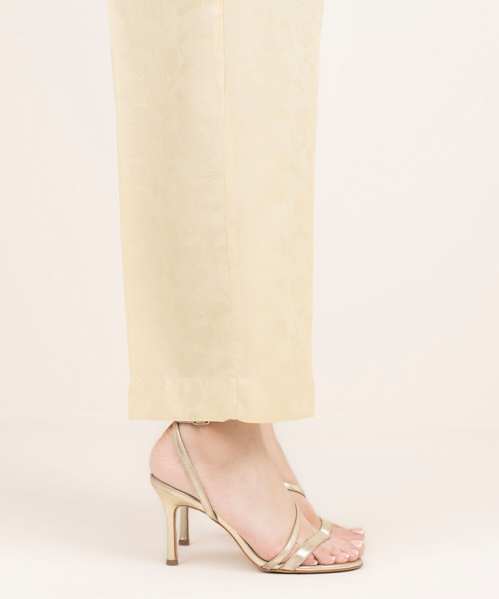 Women's RTW Arabic Self Jacquard Solid Off White Straight Pants