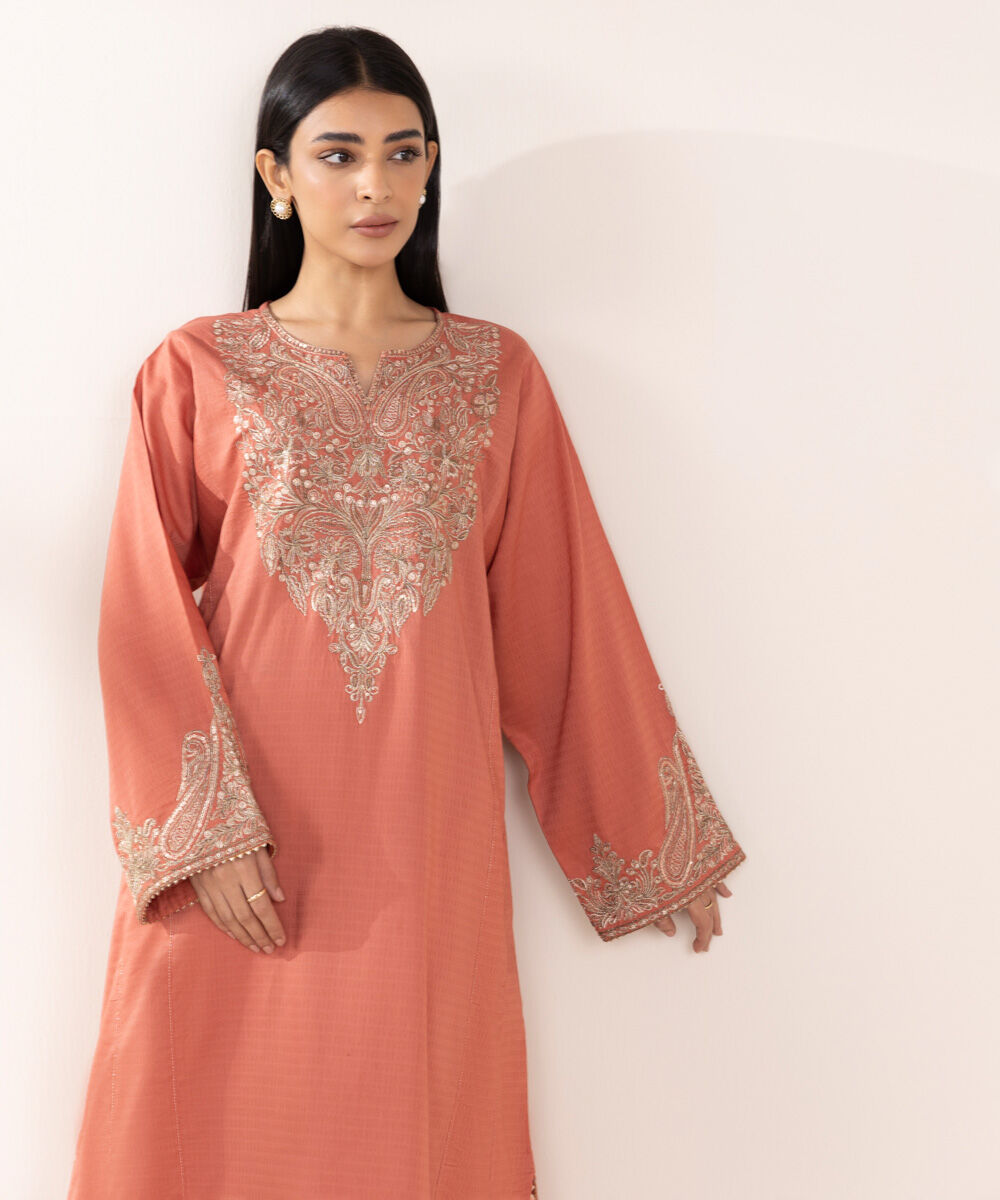 Woman - Orange Embroidered Dobby Shirt