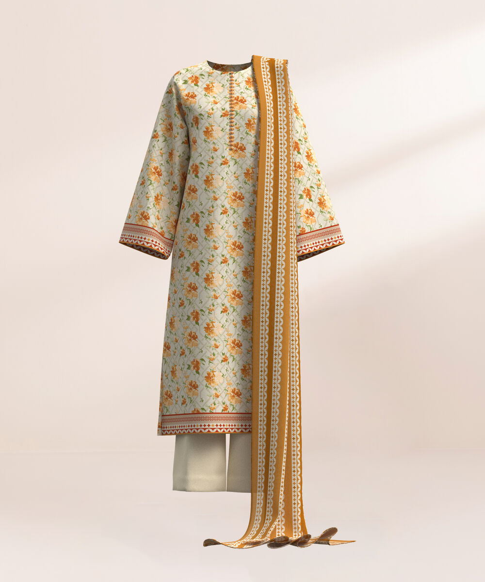 Women's Three Piece Printed Beige Lawn Suit