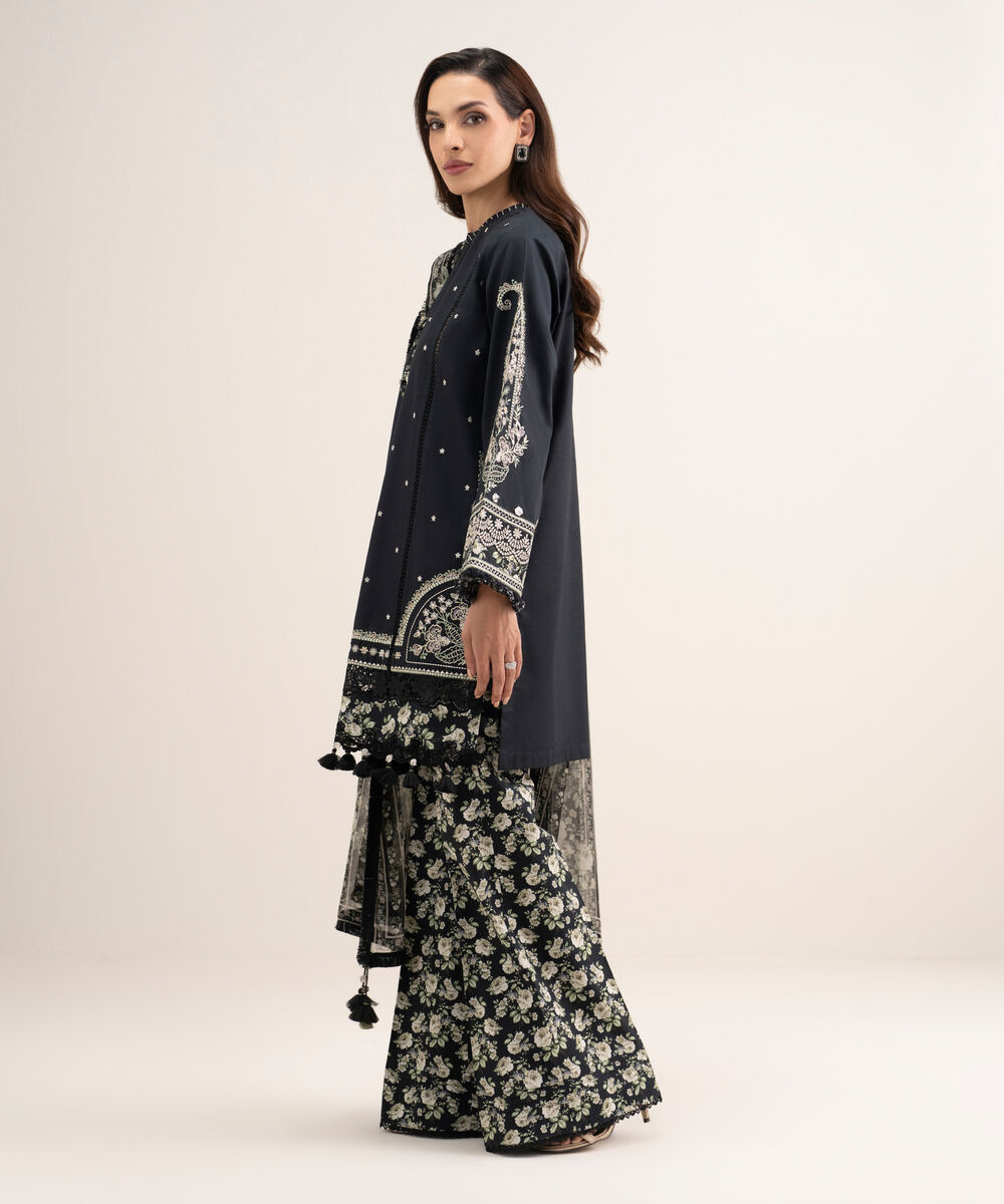 Women's Unstitched Textured Lawn Embroidered Black 3 Piece Suit