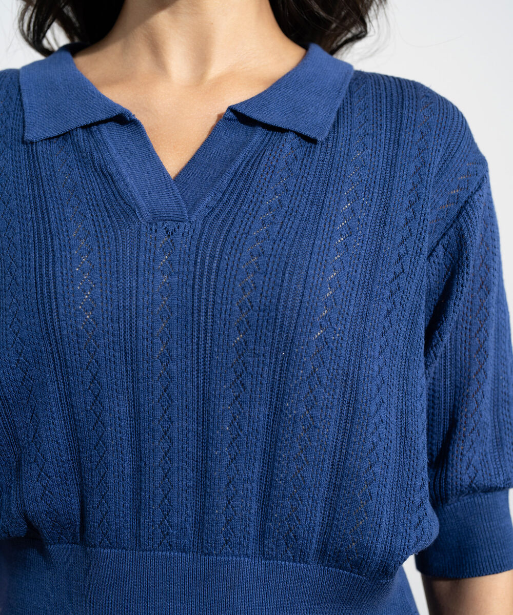 Women's Western Navy Pointelle Summer Knit Polo Top