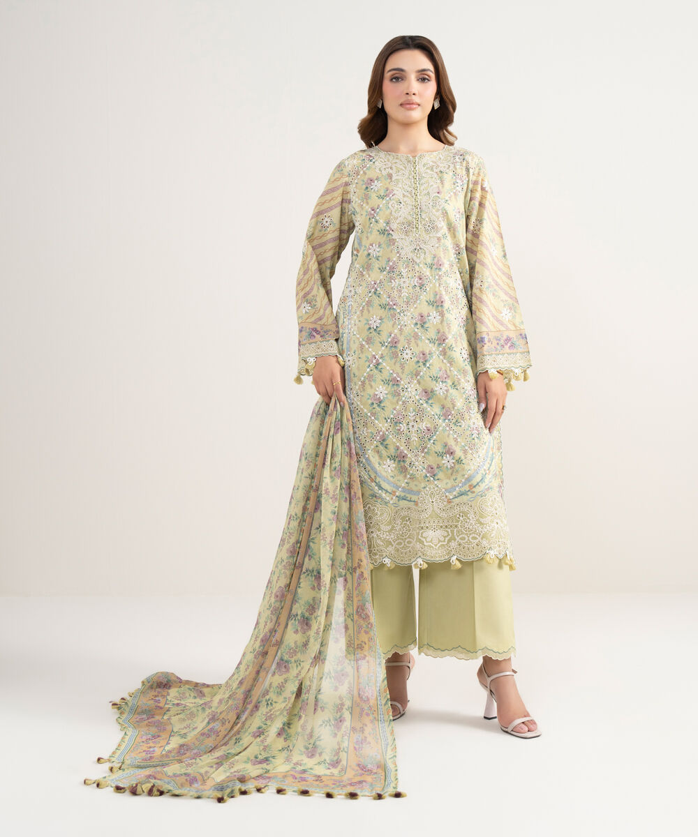 Women's Unstitched Fine Lawn Embroidered Yellow 3 Piece Suit