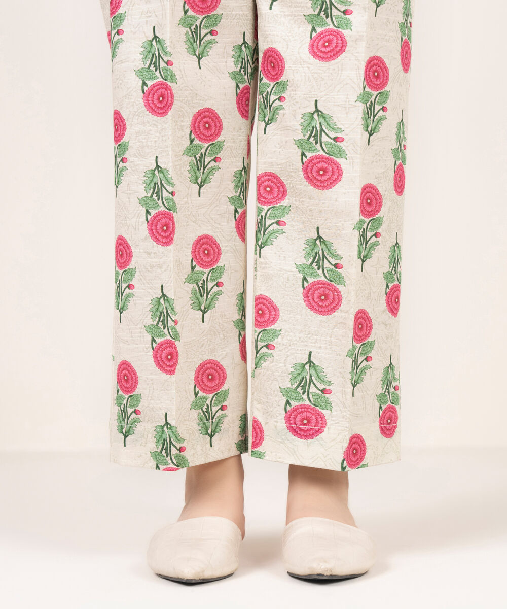 Women's RTW Light Khaddar Printed Off White Straight Pants