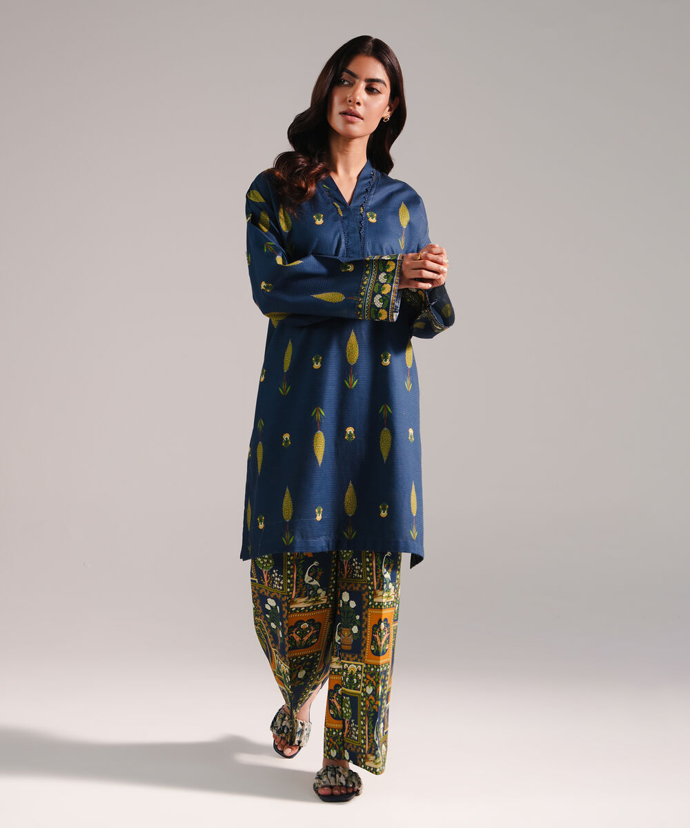 Women's RTW Dobby Printed Dark Blue Straight Shirt