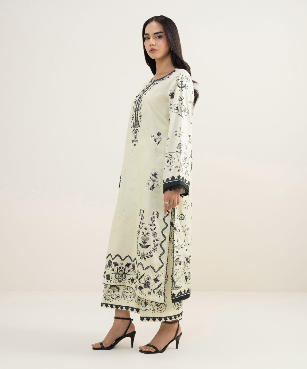 Women's RTW Cotton Satin Embroidered White A-Line Shirt