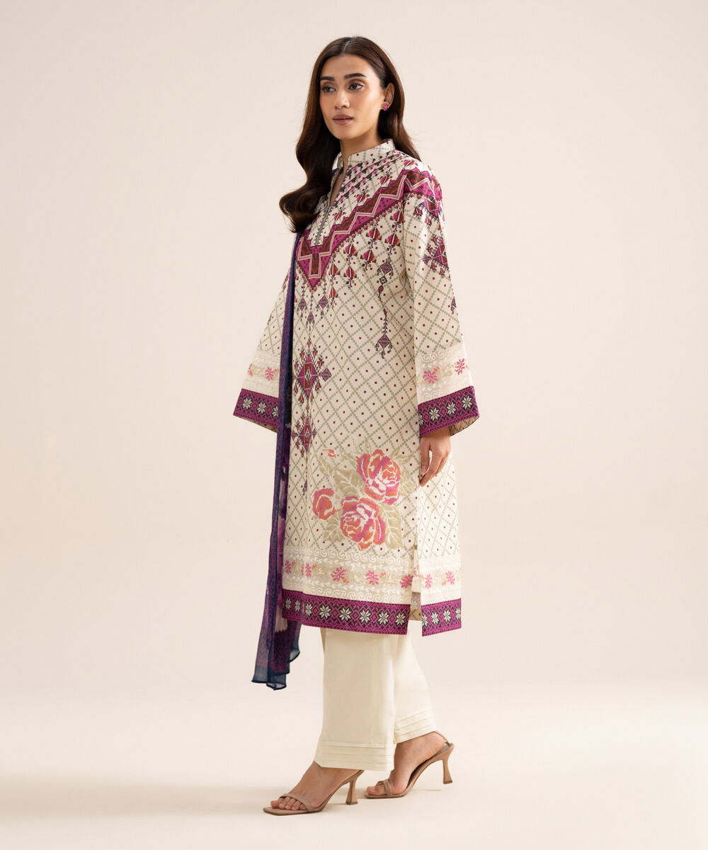 Women's Unstitched Zari Cotton Embroidered Off White  3 Piece Suit