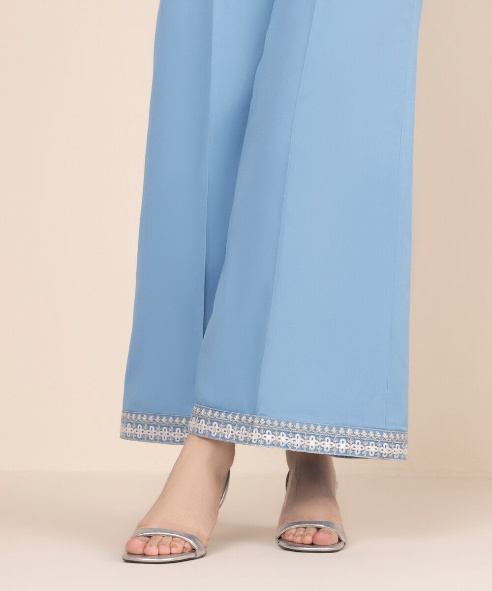 Women's RTW Cotton Satin Blue Embroidered Flared Pants