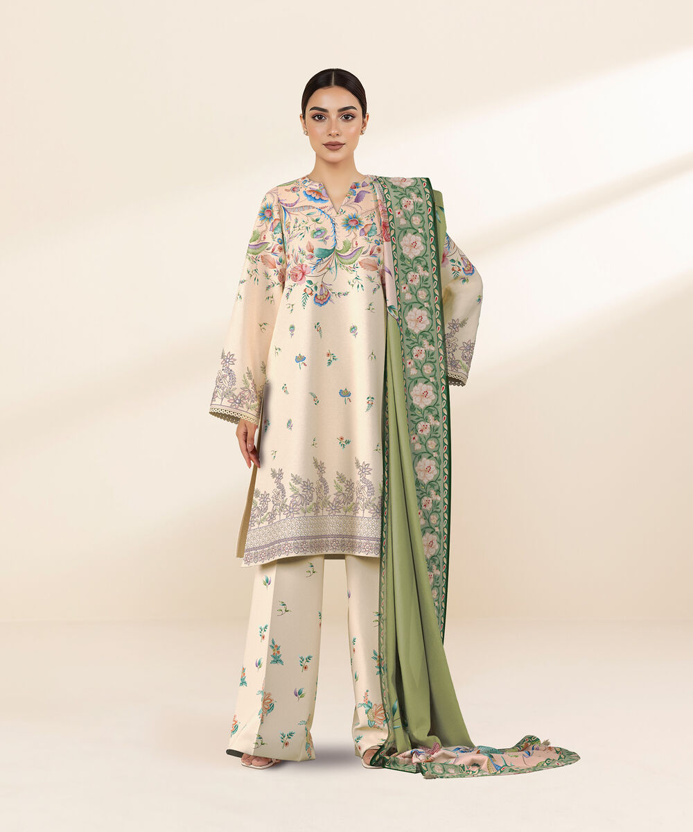 Women's Unstitched Lawn Off White Embroidered 3 Piece Suit