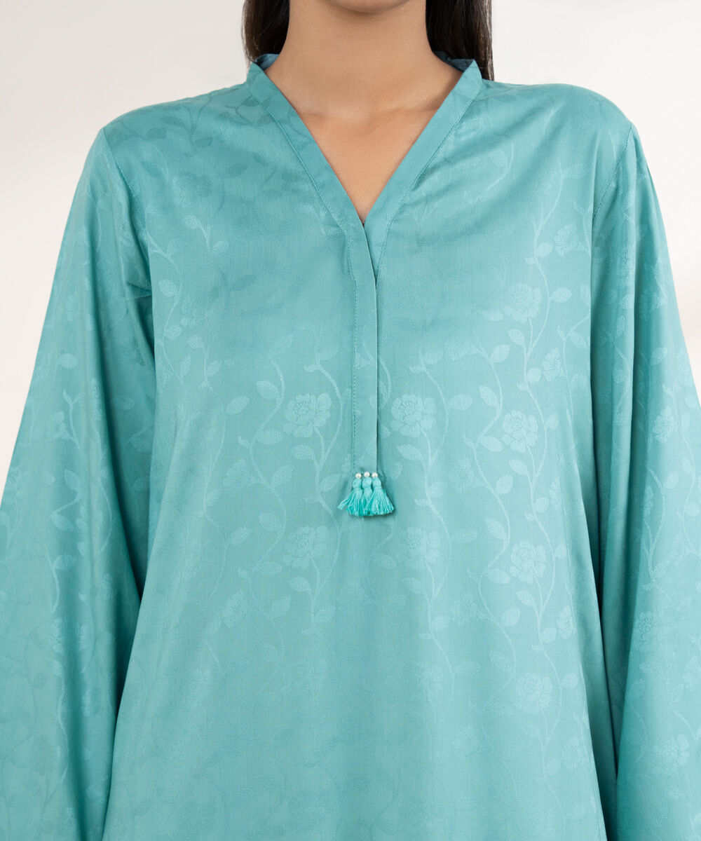 Women's RTW Arabic Self Jacquard Blue Solid A-Line Shirt